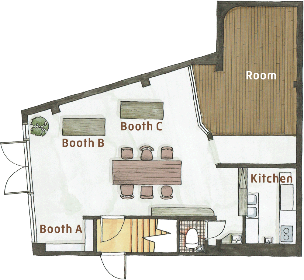 フロアマップ：「Booth A」は、入口の右手にある壁面の棚をご利用いただけます。「Booth B」と「Booth C」は、入口の左手にあるテーブルをそれぞれ1台ご利用いただけます。「Kitchen」は、部屋の奥にあります。コンロ、シンク等のほか、小さなカウンターがあります。「Room」は部屋の奥にある小上がりの個室です。各スペース共有の設備としてトイレ、洗面があります。なお、2階への立ち入りは禁止です。